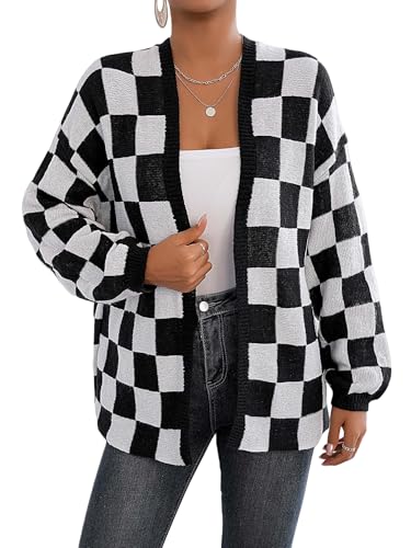 LIUYUYOUGO Cardigan Damen,Übergroße Strickjacke Für Damen Vorne Offen Kontrastierendes Schachbrettmuster Strickpullover Mantel Lässig Locker Langarm Strickjacken Pullover Preppy Style Strickjack von LIUYUYOUGO