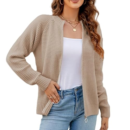 LIUYUYOUGO Cardigan Damen Elegant,Waffelstrick Cardigan Für Damen Weich Gemütlich Chenille Warm Pullover Oberteile Rundhalsausschnitt Reißverschluss Bomberjacke Strickjacke Sweatshirt Herbst/Wint von LIUYUYOUGO