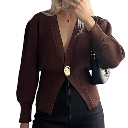 LIUYUYOUGO Cardigan Damen Elegant Damen Strickjacke Mit V Ausschnitt Und Knopfleiste Vorne Offen Gerippter Feinstrick Strickjacke Bolero Oberteil Modische Oberteile Mit Goldenen Knöpfen Elegante Wi von LIUYUYOUGO