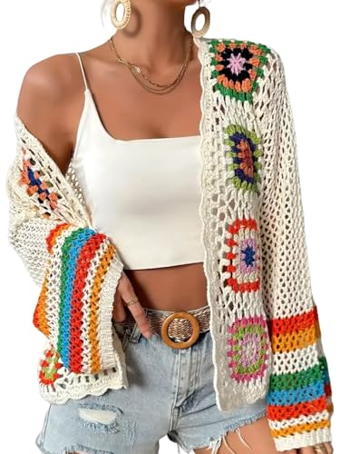 LIUYUYOUGO Cardigan Damen Häkel Cardigan Für Damen Mit Blumenmuster Handgefertigt Ausgehöhlt Kurze Strickjacke Boho Stil Quadratisches Blumenmuster Leichte Mäntel Sommer Ausgestellte Ärmel Shru LIUYUYOUGO Cardigan Damen Häkel Cardigan Für Damen Mit Blumenmuster Handgefertigt Ausgehöhlt Kurze Strickjacke Boho Stil Quadratisches Blumenmuster Leichte Mäntel Sommer Ausgestellte Ärmel Shru von LIUYUYOUGO