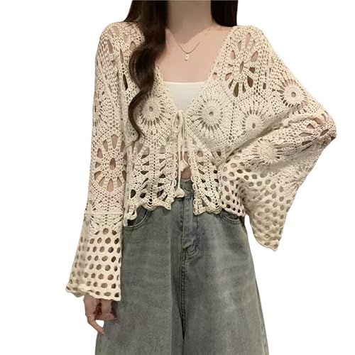 LIUYUYOUGO Cardigan Damen Häkel Cardigans Für Damen Ausgehöhlt Gestrickter Bolero Shrug Strickjacke Mit Bindeband Vorne Ausgestellte Ärmel Vintage Boho Blumenmuster Strick Bolero Oberteile Leich von LIUYUYOUGO