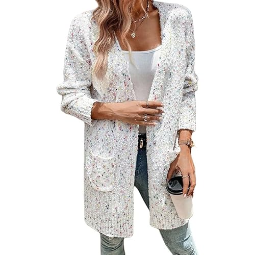 LIUYUYOUGO Cardigan Damen Langer Strickjackenmantel Für Damen Bunte Punkte Jacquard Pullover Strickjacke Mit Taschen Vorne Offen Strick Oberbekleidung Langer Boyfriend Cardigan Lockerer Pulloverman von LIUYUYOUGO