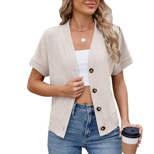 LIUYUYOUGO Cardigan Damen Sommer Damen Kurzarm Sommer Strickjacke Waffelstrick Kurz Bolero Strickjacke V Ausschnitt Knöpfe Oberteile Lässig Locker Leichte Jacke Strickbluse Offene Vorderseite Ober von LIUYUYOUGO