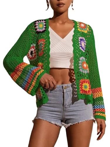 LIUYUYOUGO Cardigan Damen Sommer Häkel Cardigan Für Damen Mit Blumenmuster Handgefertigt Ausgehöhlt Gestrickt Kurze Strickjacken Boho Stil Quadratisches Blumenmuster Leichte Mäntel Sommer Ausges von LIUYUYOUGO
