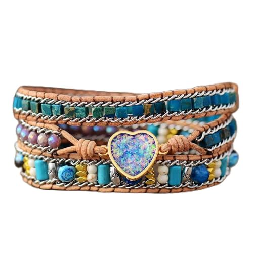 LIUYUYOUGO Chakra Armband,Naturstein Blau Opal Kristall Armband Boho Mehrschichtig Handgefertigt Leder Wrap Herz Charm Armband Energie Edelsteine Perlen Armreif Armband Schmuck Für Männer Frauen G von LIUYUYOUGO