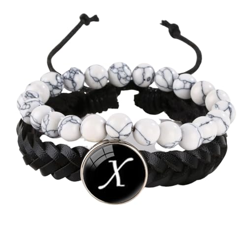 LIUYUYOUGO Chakra Armband 2 Stück Herren Lederarmband Mit Initialen Naturstein Weiß Türkis Perlenarmbänder Damenbuchstaben Az Charm Armreif Doppellagig Geflochten Manschette Armband Schmuck Buch von LIUYUYOUGO
