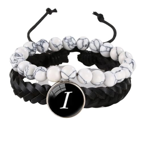 LIUYUYOUGO Chakra Armband 2 Stück Herren Lederarmband Mit Initialen Naturstein Weiß Türkis Perlenarmbänder Damenbuchstaben Az Charm Armreif Doppellagig Geflochten Manschette Armband Schmuck Buch von LIUYUYOUGO