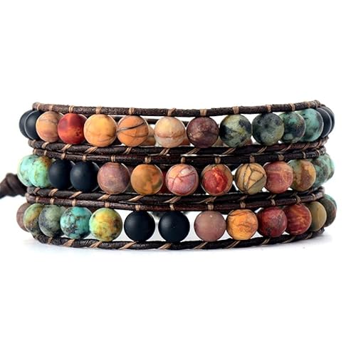 LIUYUYOUGO Chakra Armband Böhmische Perlenarmbänder Für Frauen 6 Mm Matt Naturstein Leder Geschichtet 3 Stränge Wickelarmband Vintage Kristallperlen Edelstein Armreif Freundschaftsschmuck Für P von LIUYUYOUGO