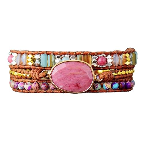 LIUYUYOUGO Chakra Armband Boho Natursteinarmband Für Damen Und Herren Handgefertigt Mehrschichtiger Wickelarmreif Aus Leder Rosa Rhodonit Kristallperlen Vintage Armbänder Mit Ethnischen Schliff Ed von LIUYUYOUGO
