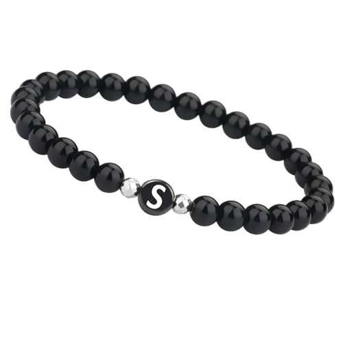 LIUYUYOUGO Chakra Armband Damen Herren Perlenarmband Mit Initiale 6Mm Paar Perlen Armband Naturstein Schwarzer Achat Kristall Elastischer Armreif Mit Az Buchstabe Mode Edelsteine Schmuck Buchstabe S von LIUYUYOUGO