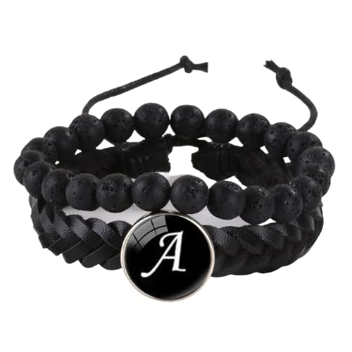 LIUYUYOUGO Chakra Armband Herren Lederarmband Mit Initialen 2 Stück Naturstein Schwarze Lavakristall Perlenarmbänder Damenbuchstaben Az Charm Armreif Doppellagig Geflochtene Manschette Armband Sch von LIUYUYOUGO