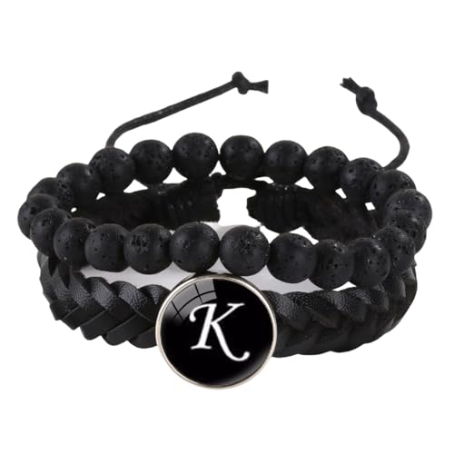 LIUYUYOUGO Chakra Armband Herren Lederarmband Mit Initialen 2 Stück Naturstein Schwarze Lavakristall Perlenarmbänder Damenbuchstaben Az Charm Armreif Doppellagig Geflochtene Manschette Armband Sch von LIUYUYOUGO