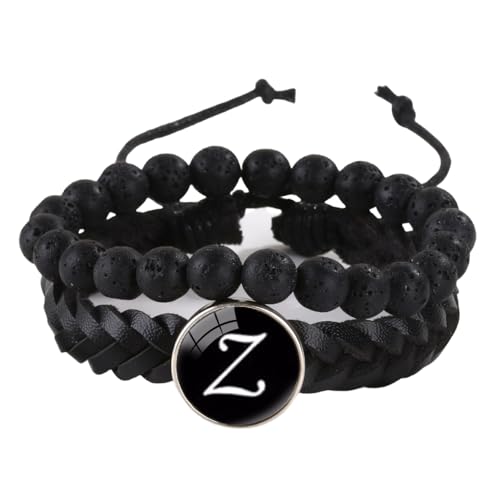 LIUYUYOUGO Chakra Armband Herren Lederarmband Mit Initialen 2 Stück Naturstein Schwarze Lavakristall Perlenarmbänder Damenbuchstaben Az Charm Armreif Doppellagig Geflochtene Manschette Armband Sch von LIUYUYOUGO