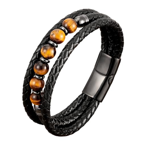 LIUYUYOUGO Chakra Armband Herren Perlen Lederarmband 8 Mm Tigerauge Lavastein Kristall Armbänder Mehrlagig Schwarz Geflochtenes Armband Schutzschmuck Geschenke Für Freund Ehemann Geburtstag Tigera von LIUYUYOUGO
