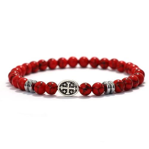 LIUYUYOUGO Chakra Armband Kreuzarmband Für Männer 6 Mm Naturstein Lava Türkis Tigeraugen Kristallarmbänder Oval Antike Gravur Wikinger Perlen Elastisches Armband Religion Schmuck Geschenk Roter von LIUYUYOUGO