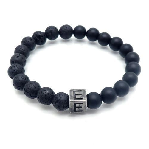 LIUYUYOUGO Chakra Armband Naturstein Schwarzer Lava Achat Kristall Perlenarmband Buchstaben Az 8Mm Stretch Perlen Initialen Armbänder Distressed Square Charm Armreif Punk Antik Schmuck Für Männer von LIUYUYOUGO