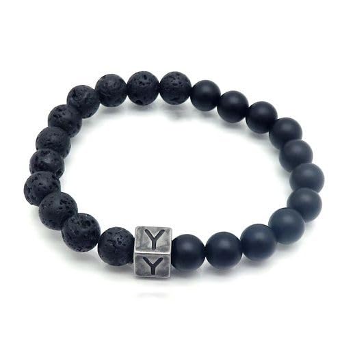 LIUYUYOUGO Chakra Armband Naturstein Schwarzer Lava Achat Kristall Perlenarmband Buchstaben Az 8Mm Stretch Perlen Initialen Armbänder Distressed Square Charm Armreif Punk Antik Schmuck Für Männer von LIUYUYOUGO