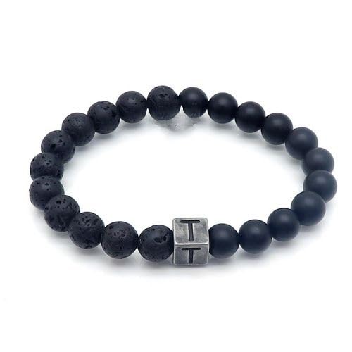 LIUYUYOUGO Chakra Armband Naturstein Schwarzer Lava Achat Kristall Perlenarmband Buchstaben Az 8Mm Stretch Perlen Initialen Armbänder Distressed Square Charm Armreif Punk Antik Schmuck Für Männer von LIUYUYOUGO