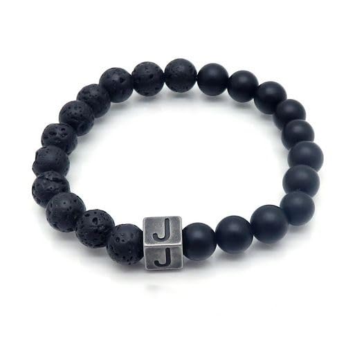 LIUYUYOUGO Chakra Armband Naturstein Schwarzer Lava Achat Kristall Perlenarmband Buchstaben Az 8Mm Stretch Perlen Initialen Armbänder Distressed Square Charm Armreif Punk Antik Schmuck Für Männer von LIUYUYOUGO