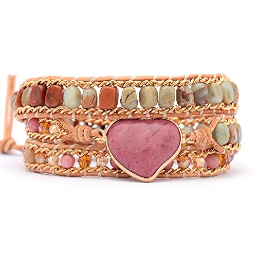 LIUYUYOUGO Chakra Armband Naturstein Wickelarmband Für Damen Boho Herzanhänger Kristallperlenarmbänder Handgefertigt Geflochtenes Leder Stapelbare Manschettenarmreifen Mit Verschluss Ethnischer H von LIUYUYOUGO