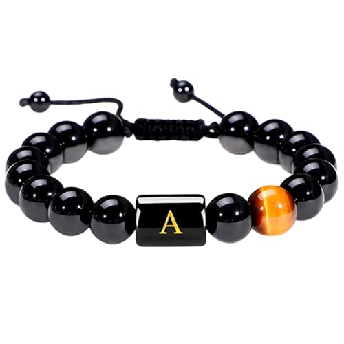 LIUYUYOUGO Chakra Armband Perlenarmbänder Mit Initialen Für Damen Und Herren Buchstabe A Paar Perlenarmband Naturstein Tigerauge Schwarzer Obsidian Kristall Handgefertigt Geflochtener Armreif Mode von LIUYUYOUGO