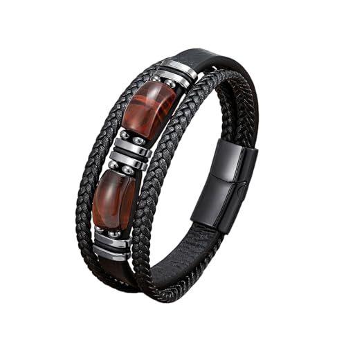 LIUYUYOUGO Chakra Armband Tigerauge Lederarmband Für Herren Retro Punk Mehrschichtiges Webseil Armband Natürlicher Edelstein Kristallstein Armreif Handgefertigt Schutzschmuck Geschenk Rot von LIUYUYOUGO