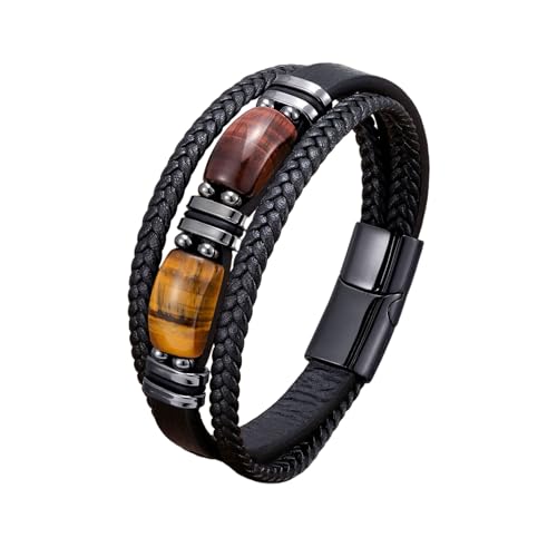 LIUYUYOUGO Chakra Armband Tigerauge Lederarmband Für Männer Retro Punk Mehrschichtige Webseilarmbänder Natürlicher Edelstein Kristallstein Armreif Handgefertigter Schutzschmuck Geschenk Rot Gelb von LIUYUYOUGO