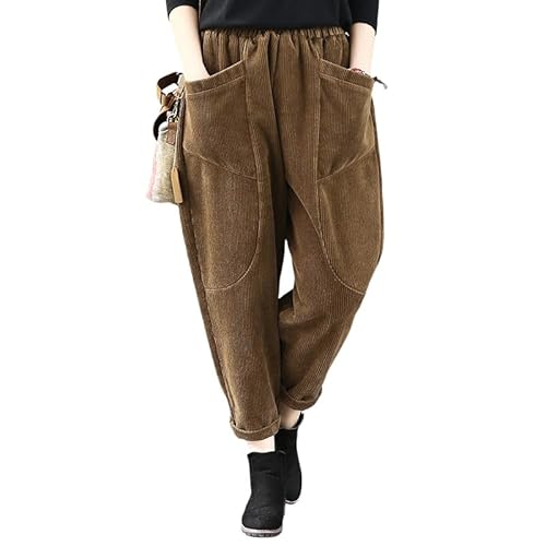 LIUYUYOUGO Cord Baumwollhose Für Damen Vintage Elastische High Wasit Haremshose Mit Weitem Bein Herbst Winter Baggy Spleißtaschen Palazzo Hose Freizeithose Unterteil Kaffee L von LIUYUYOUGO