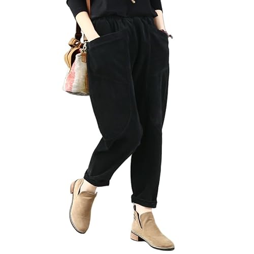 LIUYUYOUGO Cord Baumwollhose Für Damen Vintage Elastische High Wasit Haremshose Mit Weitem Bein Herbst Winter Baggy Spleißtaschen Palazzo Hose Freizeithose Unterteil Schwarz S von LIUYUYOUGO