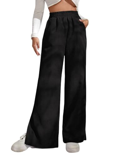 LIUYUYOUGO Cordhose Für Damen Weites Bein Schwarz Vintage Stil Elastische Palazzo Hose Mit Hohem Bund Freizeithose Gerippt Seitenschlitz Gerades Bein Lounge Hose Winter M von LIUYUYOUGO