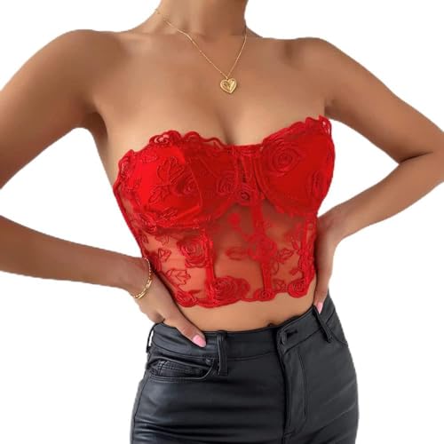 LIUYUYOUGO Corsage Damen,Frauen Bustier Korsett Top Sexy Rote Blumenstickerei Sommer Schlank Trägerlos Ohne Knochen Korsetts Push Up Crop Tops Bh Perspektive Netz Rückenfreie Camis Weste Für Club von LIUYUYOUGO