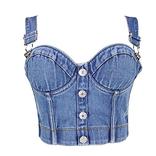 LIUYUYOUGO Corset Top,Damen Sexy Korsetts Mode Klassisch Blau Denim Knopf Sommer Schlank Spaghettiträger Bustier Korsett Top Push Up Crop Tops BH Camis Rückenfreie Weste Für Clubwear Party,M von LIUYUYOUGO