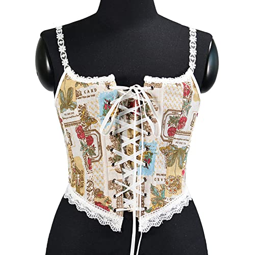 LIUYUYOUGO Corset Top,Korsetts Für Damen Retro Beige Schmetterling Rose Blume Jacquard Spaghettiträger Bustier Korsett Oberteile Schnürung Ohne Knochen Vollbrust Push Up Shapewear Ästhetisch Clu von LIUYUYOUGO