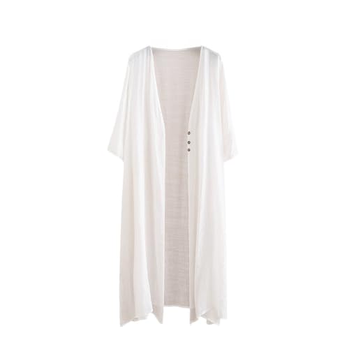LIUYUYOUGO Damen Cardigan Lange Dünne Strickjacken Aus Leinen Für Damen Button Down 3/4 Ärmel Wasserfallmantel Sommer Leichte Transparente Shrug Jacke Elegantes Fließendes Mittellanges Hemd Outw von LIUYUYOUGO