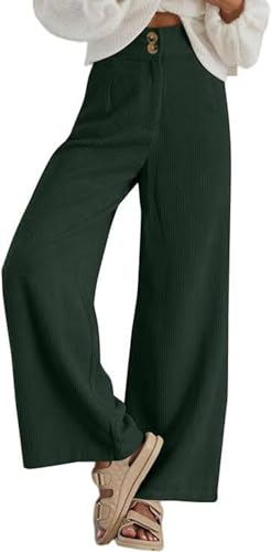 LIUYUYOUGO Damen Cordhose Mit Geradem Bein Hohe Taille Palazzo Hose Mit Doppelknöpfen Freizeithose Herbst Winter Baggy Hose Mit Weitem Bein Lounge Hose Hose Mit Taschen Dunkelgrün S von LIUYUYOUGO