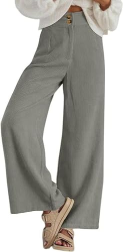 LIUYUYOUGO Damen Cordhose Mit Geradem Bein Hohe Taille Palazzo Hose Mit Doppelknöpfen Freizeithose Herbst Winter Baggy Hose Mit Weitem Bein Lounge Hose Hose Mit Taschen Hellgrau L von LIUYUYOUGO