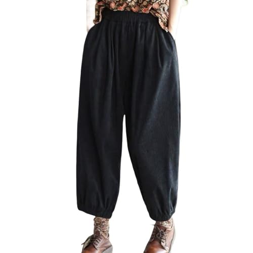 LIUYUYOUGO Damen Hose Aus Cord Baumwolle Schwarz Elastische High Wasit Harem Hippie Hose Vintage Cord Bloomers Kurze Hose Mit Weitem Bein Winter Baggy Palazzo Hose Hose L von LIUYUYOUGO