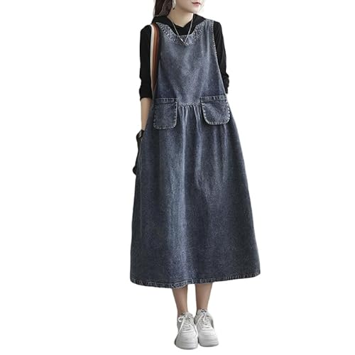 LIUYUYOUGO Damen Jeanskleid Sommer,Damen Jeans Latzkleid Elegantes Blau Übergröße Ärmelloses Trägerkleid Sommer Lässig Lockeres Maxi Jeanskleid Vintage Gerafftes Gestuftes Für Dame von LIUYUYOUGO