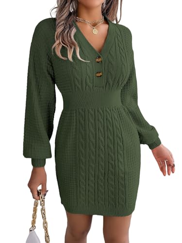 LIUYUYOUGO Damen Kleid, Pulloverkleid Für Damen V Ausschnitt Tunikakleid Mit Knöpfen Winterkleid Mit Grobem Zopfmuster Langärmliges Pulloverkleid Elegante Strickmode Mini Freizeitkleid Herbst Hü von LIUYUYOUGO