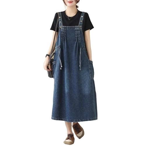 LIUYUYOUGO Damen Kleid,Damen Jeans Latzkleid Elegant Dunkelblau Ärmelloses Trägerkleid Sommer Lässig Lockeres Jeans Latzkleid Übergroß Gerüschtes Jeanskleid Mit Kordelzug Lange Midi Kleider XL von LIUYUYOUGO