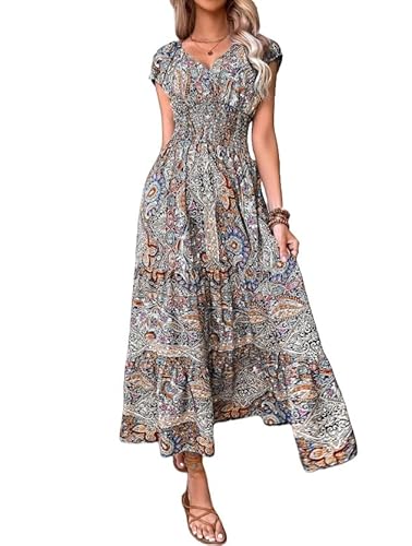 LIUYUYOUGO Damen Kleider Sommer,Boho Kleider Für Damen Vintage Mit Blumenmuster Kurzärmlig V Ausschnitt Sommerkleid Elegant Elastische Taille A Linie Swing Kleid Sommer Lässig Lang Maxikl von LIUYUYOUGO
