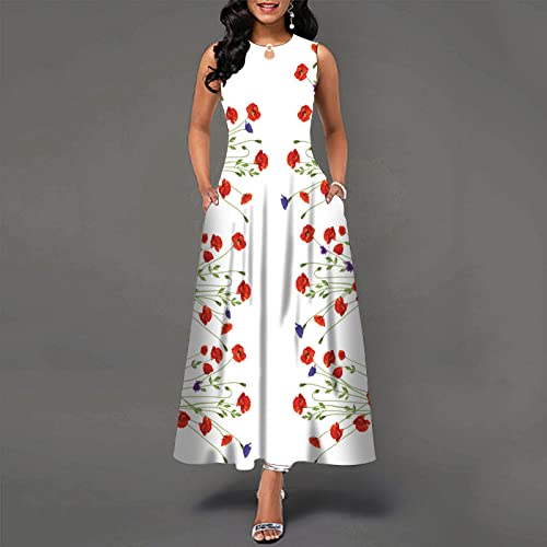 LIUYUYOUGO Damen Kleider Sommer,Lässiges Böhmisches Maxikleid Für Damen, Schlank, Lang, Ärmellos, Weiße Mohnblume, Fließendes Kleid, Elegant, Sexy, U-Ausschnitt, Sommerkleid, Strand, Cocktailp von LIUYUYOUGO