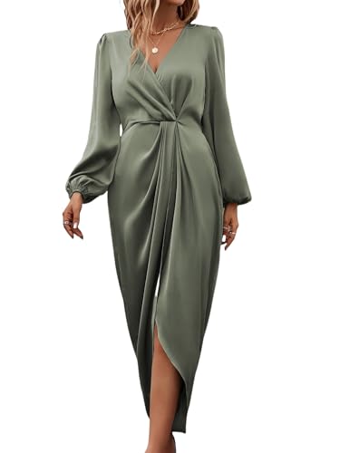 LIUYUYOUGO Damen Kleider Sommer Damen Satin Wickelkleid Mit V Ausschnitt Laterne Langarm Elegantes Midikleid Aus Seide Mit Gerüschter Elastischer Taille Und Schlitz Für Hochzeiten Formelle Cocktai von LIUYUYOUGO