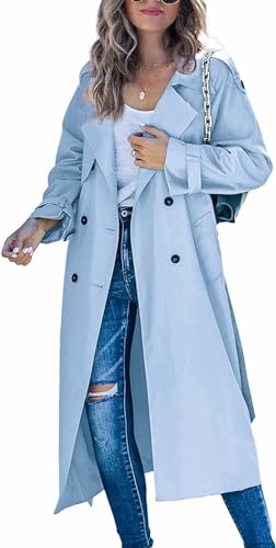 LIUYUYOUGO Damen Mantel Langer Trenchcoat Für Damen Klassischer Revers Slim Overcoat Winddichter Mantel Mit Gürtel Einfarbig Zweireihige Windjacke Frühlings/Herbst Oberbekleidung Hellblau M von LIUYUYOUGO