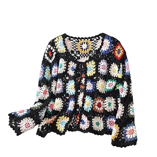 LIUYUYOUGO Damen Strickjacke Damen Vintage Gehäkelter Granny Square Cardigan Pullover Handgemacht Ausgehöhlter Bolero Krawatte Vorne Shrug Crop Top Boho Sommer Leichte Jacke Strickpullover Schwarz von LIUYUYOUGO