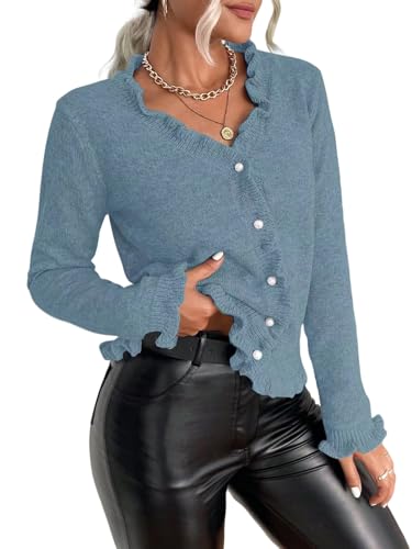 LIUYUYOUGO Damen Strickjacke Rüschen Strickjacke Für Damen Kurzer Pullovermantel Hübscher Strickjackenpullover Mit V Ausschnitt Vorne Offen Knopfleiste Langärmelige Strickpulloverjacke Lässige von LIUYUYOUGO