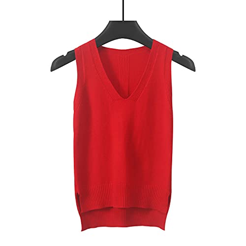 LIUYUYOUGO Damen Strickweste,Damen Strickpullover Weste Mode Casual Einfarbig Spleißen V-Ausschnitt Herbst Winter Lose Ärmellose Pullover Gilets Pullover Stricken Tank Top Cami Weste Bluse,Rot,XL von LIUYUYOUGO