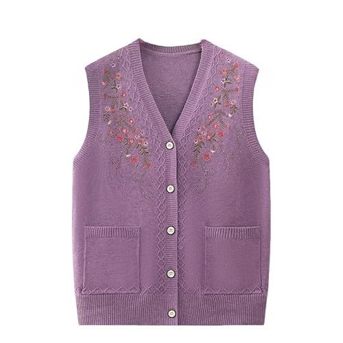 LIUYUYOUGO Damen Strickweste Strickjacke für ältere Menschen mittleren und hohen Alters ärmellose Pullover mit V Ausschnitt Strickweste mit Blumenstickerei Oma Pullover Strickoberteil für alte D von LIUYUYOUGO
