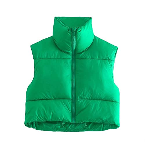 LIUYUYOUGO Damen Weste,Damen Weste，Damen Steppweste Fashion Coole Kurze Grüne Glossy Stehkragen Reißverschluss Steppweste Wattiert Winddicht Bodywarmer Ärmellose Jacke Wintermantel Weste,L von LIUYUYOUGO