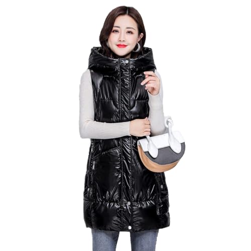 LIUYUYOUGO Dweste Lang Damen,Lange Steppweste Damen Lange Weste Mit Kapuze, Lange Weste Glänzend Trendy Ärmellose Elegante Weste Lässige Weste Wattierter Wintermantel Für Damen Mädchen Outdoor- von LIUYUYOUGO